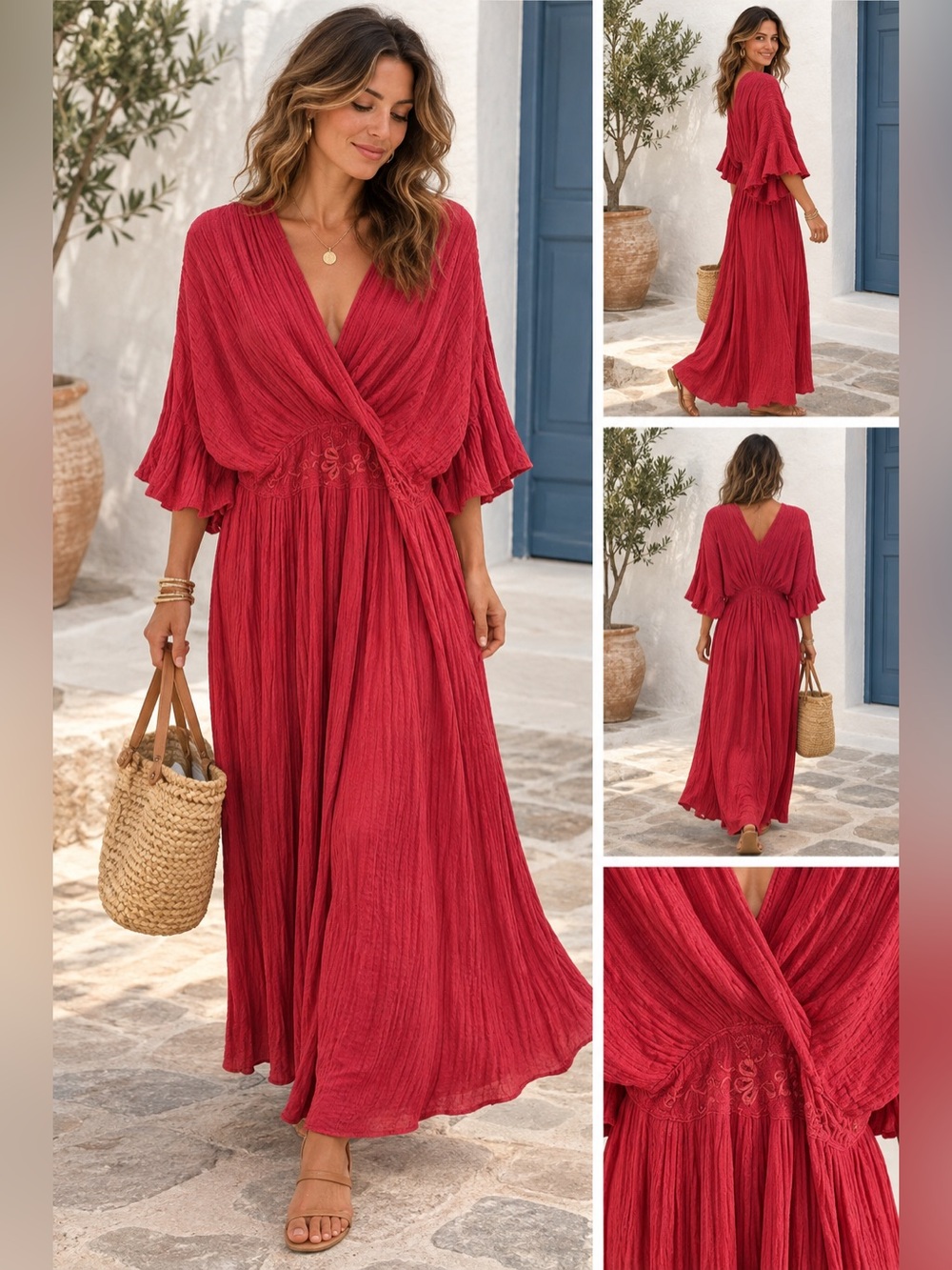 Vintage Beached Greece Red Cotton Gauze Grecian Maxi Dress One Size Boho EUC